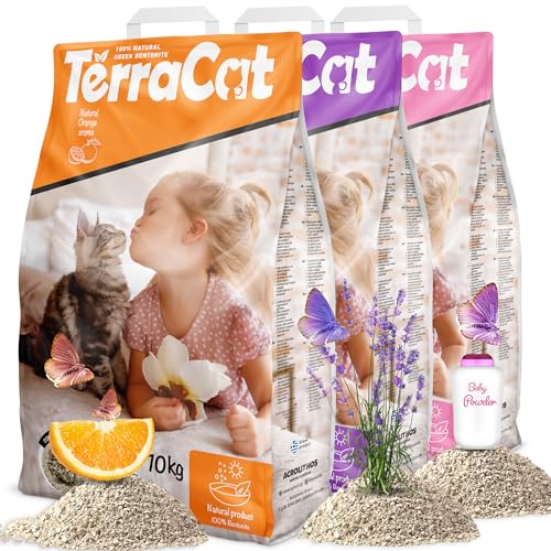 TerraCat Katzenstreu, 37.5L-3er Pack Cat Litter, 100% Bentonit Katzenstreu Klumpstreu, Hohe Saugfähigkeit Klumpstreu für Katzen, Staubfrei Katzenstreu Klumpend, Babypuder-Orange-Lavendel Duft, 30Kg von Terracat