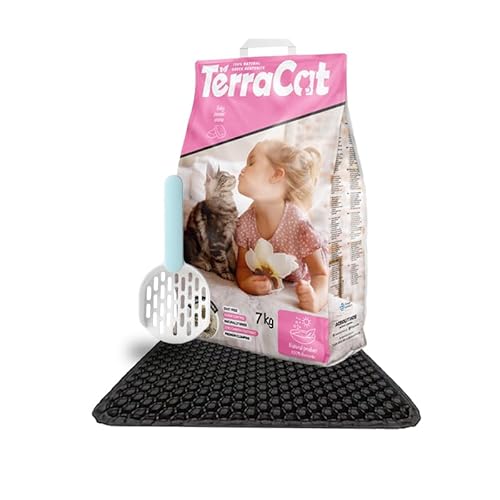 Terracat Katzenstreu 9L-7Kg, Katzenklo Matte, und Katzen Schaufel, Klumpstreu für Katzen, Doppelschicht Katzenstreu Matte, Flache Katzenklo Schaufel, Ideal für Alle Katzenrassen, Babypuder Duft von Terracat