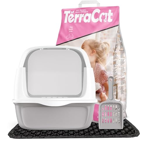 Terracat Katzenzubehör Erstausstattung: Katzenklo mit Deckel - Katzenstreu Klumpstreu - Katzenklo Matte - Katzenklo Schaufel ; Katzentoiletten & Zubehör Set (9L (Pack of 4), Baby Powder) von Terracat