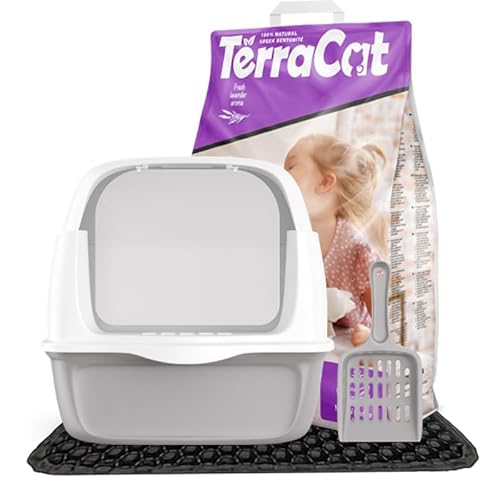 Terracat Katzenzubehör Erstausstattung: Katzenklo mit Deckel - Katzenstreu Klumpstreu - Katzenklo Matte - Katzenklo Schaufel ; Katzentoiletten & Zubehör Set (9L (Pack of 4), Lavender) von Terracat