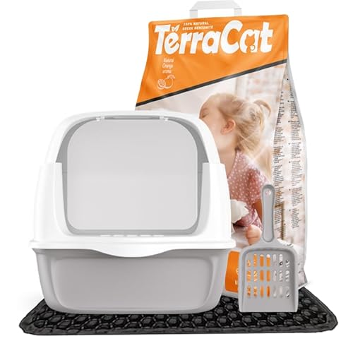 Terracat Katzenzubehör Erstausstattung: Katzenklo mit Deckel - Katzenstreu Klumpstreu - Katzenklo Matte - Katzenklo Schaufel ; Katzentoiletten & Zubehör Set (9L (Pack of 4), Orange) von Terracat