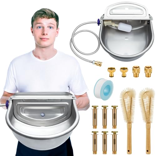 Tessco 2 Sets extra große automatische Tier-Trinkwasser-Trog Schüssel mit Schwimmerventil Edelstahl Wasser-Futterspender Waterer Kit Vieh für Hund Pferd mit Rohrverbinder Adapter Senkkopfschraube von Tessco