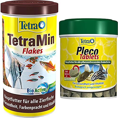 TetraMin Flakes - Fischfutter in Flockenform für alle Zierfische, 1 L Dose & Pleco Tablets – Nährstoffreiches Fischfutter für alle pflanzenfressenden Bodenfische (z.B. Welse), 275 Tabletten von Tetra