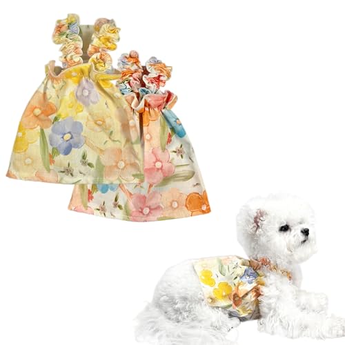 Teumessian Hundekleid mit Blumenmuster für kleine Hunde, Mädchen, Chihuahua, Yorkies, Prinzessinnenkleid, Sommerrock für Welpen, Kätzchen, Blumenmalerei, Größe L, 2 Stück von Teumessian