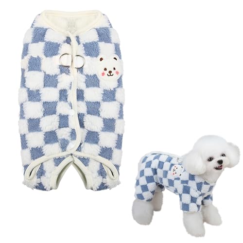 Teumessian Karierter Hunde-Pyjama, Hunde-Pyjama für kleine Hunde, Haustierpullover, Welpen-Einteiler mit Füßen, Blau, Größe L von Teumessian