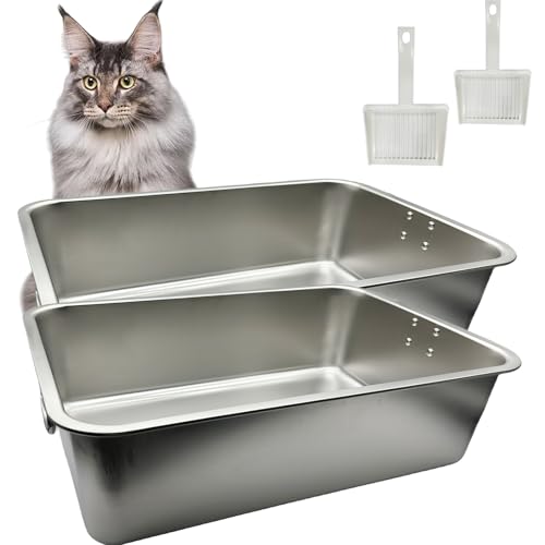 Tfwadmx Katzentoilette aus Edelstahl für Katzen, extra groß, Metall, kein Geruch, keine Haftung, glatte Oberfläche, 2 Stück (60 x 40 x 15 cm) von Tfwadmx