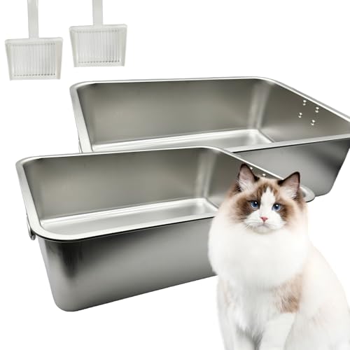 Tfwadmx Katzentoilette aus Edelstahl für Katzen, groß, Metall, kein Geruch, keine Haftung, glatte Oberfläche, 50 x 34,8 x 15 cm, 2 Stück von Tfwadmx