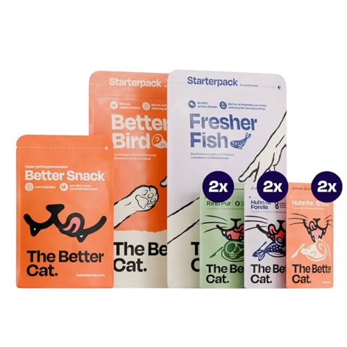 The Better Cat Maxi Probier Pack mit getreidefreiem Nassfutter, Trockenfutter und gefriergetrockneten Snacks mit viel Fleisch, Präbiotika, Probiotika und Superfoods ohne Zucker von The Better Cat