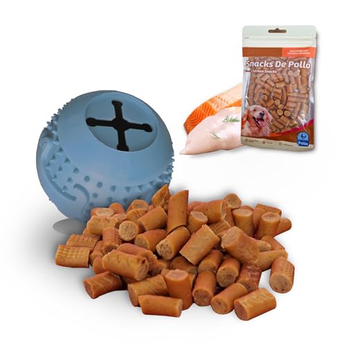 Premium Snacks für Hunde + Hundeball mit gratis Futterspender, Leckerlis für Hunde, Leckerlis für Hunde, Leckereien für Ihr Haustier, Hühnersnacks 90 g + Spenderball von The Blue Ocean