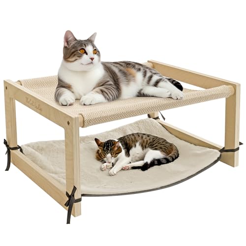 The Cat Ladies 2-in-1-Katzen-Hängemattenbett – Erhöhte Holz-Haustier-Etagenbetten für Indoor-Katzen – Massivholz erhöhtes Hängebett für 1 oder 2 Katzen – Katzenmöbel mit oberem Bett und Bodenmatte von The Cat Ladies