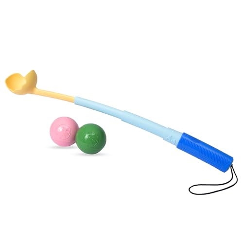 The Dodo Teleskop Ball Launcher Hundespielzeug mit 2 Gummibällen; Zusammenklappbarer Apportierball Spielzeug für Hunde, 22,9 cm Gesamtlänge; Hundeballwerfer in Blau und Gelb, tragbar von The Dodo