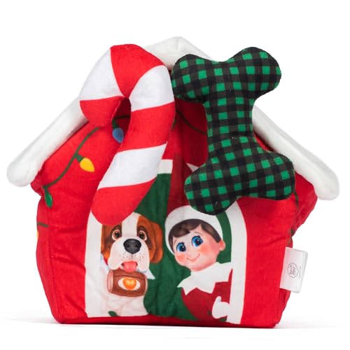 Elf on the Shelf Doghouse Plüschhütte für Haustiere, 17,8 cm Plüsch-Hundehütte mit 2 abnehmbaren Plüschtieren für Hunde, Knochen und Zuckerstange mit Knistertextur, 7.5 Inch, FF24861 von The Elf on the Shelf