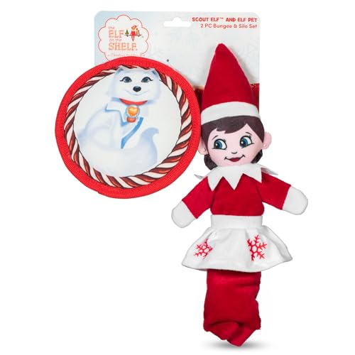 The Elf on the Shelf 2-teiliges Hundespielzeug-Set mit elastischem Pfadfinder-Elf + Elfe Haustiere Arctic Fox Plüsch-Flachscheibe, quietschendes Hundespielzeug | Bungee-Hundespielzeug zum Zerren | von The Elf on the Shelf