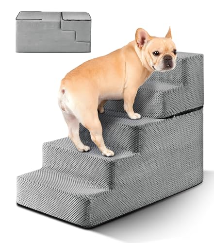 Hundetreppe Treppe für Sofa, Hundetreppe aus hochdichtem Schaumstoff, faltbare Haustiertreppe zum Klettern im Bett, 5-stufige Hunderampe mit waschbarem Bezug, weiche und rutschfeste Oberfläche für von The Fellie