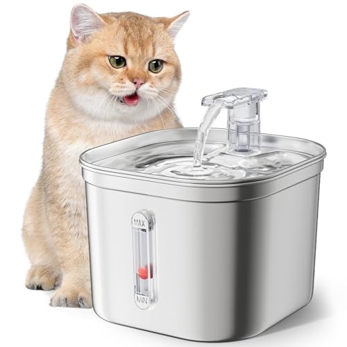 The Fellie Edelstahl Katze Wasserbrunnen, Katze Wasserbrunnen mit Wasserstandsfenster, 2.2L Katze Wasserbrunnen zum Trinken, Automatischer Wasserbrunnen Katzennapf, Haustier Wasserbrunnen für Hunde von The Fellie