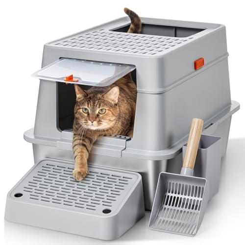 The Fellie Edelstahl Katzenklo mit Deckel, Katzentoilette Edelstahl XXL für Katzen, Geschlossene Metall-Katzentoilette, Geruchsdicht, Auslaufsicher, Antihaft, Leicht zu Reinigen, mit Schaufel & Matte von The Fellie