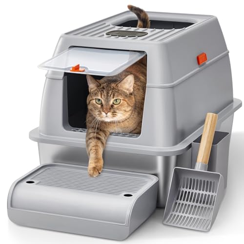 The Fellie Edelstahl Katzenklo mit Deckel, Katzentoilette Edelstahl XXL für Katzen, Geschlossene Metall-Katzentoilette, Geruchsdicht, Auslaufsicher, Antihaft, Leicht zu Reinigen, mit Schaufel & Matte von The Fellie