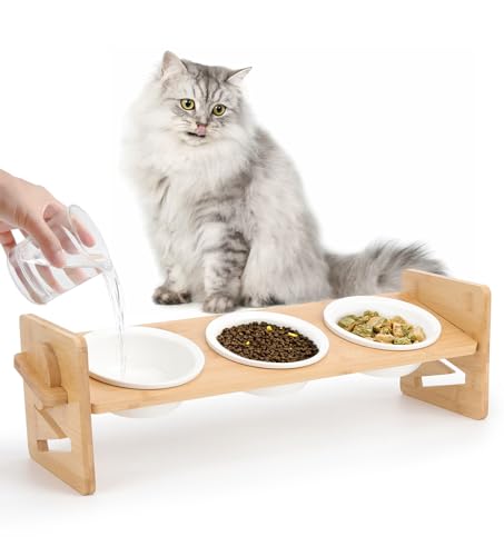 The Fellie Erhöhter Katzennapf, Kätzchen-Schalen 3er Set, Katzennäpfe mit Ständer geneigt Anti-Erbrechen, Höhenverstellbar Erhöhte Katzennäpfe für Katzen & Welpen, Futter und Wasserfütterung, Bambus von The Fellie