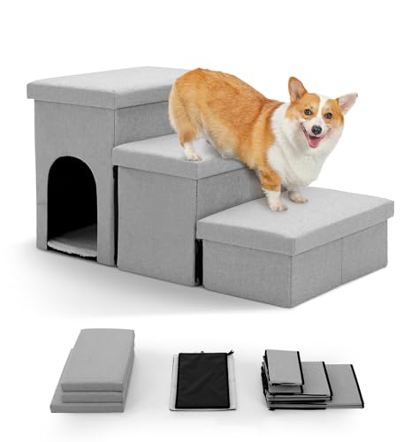 The Fellie Hundetreppe für Bett/Sofa, Haustier-Hundetreppe für kleine Hunde und Katzen, Haustiertreppe mit Stauraum und Höhle, 3-stufige faltbare Hunderampe, rutschfeste Hundetreppe für alte & von The Fellie