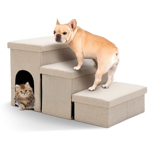 The Fellie Hundetreppe für Bett/Sofa, Haustiertreppe für kleine, mittelgroße oder große Hunde und Katzen, Haustiertreppe mit Stauraum und Höhle, 3-stufige faltbare Hunderampe, rutschfeste Hundetreppe von The Fellie