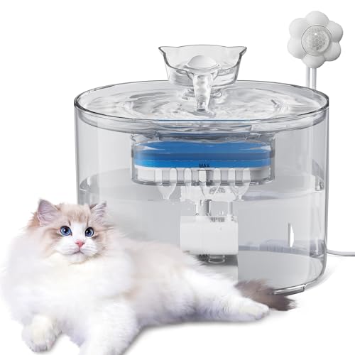 The Fellie Katzen Wasserbrunnen mit Bewegungsmelder, 2.2L Katze Wasserbrunnen zum Trinken, Dreischichtige Filtration, Super Silent Katzen Trinkbrunnen für Katzen und Hunde, Wasserhahn Katzenbrunnen von The Fellie