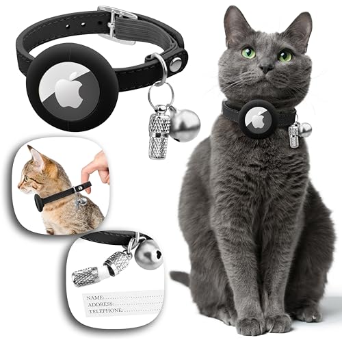 Katzenhalsband AirTag Katze mit Gummizug. Halsband Katze AirTag. Apple AirTag Halsband Katze Leder. Sicheres Katzenhalsband mit Glocke, Namen. GPS Katzenhalsband mit GPS Tracker Katze Ohne ABO 21Sch von The FurryFriendZoone