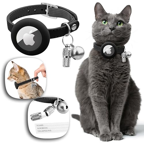 Katzenhalsband AirTag Katze mit Gummizug. Halsband Katze AirTag. Apple AirTag Halsband Katze Leder. Sicheres Katzenhalsband mit Glocke, Namen. GPS Katzenhalsband mit GPS Tracker Katze Ohne ABO 30Sch von The FurryFriendZoone