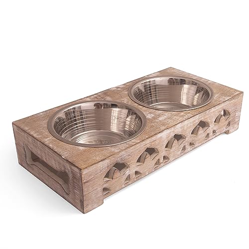 Wasser- und Futternapf für Hunde und Hunde, erhöht, erhöht, Edelstahl, Metallbecher, Set mit 2 Stück, mit hochwertigem Holzständer, rostbeständig, lebensmittelechtes Trocken- und Nassfutter, beschwert von The Great Indian Bazaar