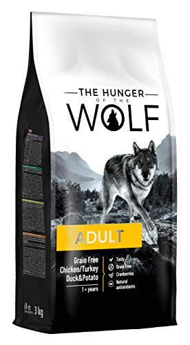 The Hunger of the Wolf Hundefutter für ausgewachsene Hunde aller Rassen, Fein zubereitetes Trockenfutter ohne Getreide mit Huhn, Pute, Ente und Kartoffeln - 3 kg von COMOYA