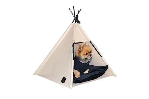 The Luxe Pet Tipi Zelt für Haustiere, Haustierbett für Hunde und Katzen mit waschbarem Kissen, Gestell aus Holz (50 x 50 x 50 cm) (Creamy Beige) von The Luxe Pet