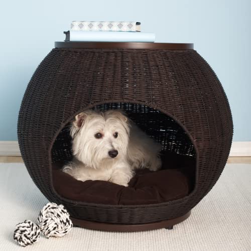 The Refined Canine Igloo Indoor Hundebett & Katzenbett in Espresso, Mehrzweck-Haustierbett mit Tischplatte, krallensicheres Kunstrattan ist leicht zu reinigen, inklusive waschbarem und austauschbarem von The Refined Canine