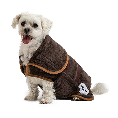 The Wagging Tailor® Dog Drying Coat - Soft Feel Microfibre Dog Dressing Gown - Adjustable Dog Towel Robe with Velcro Collar & Under Belly, Dog Robe for XS Dogs, Dog Towelling, Drying Coat (Brown, XS) von The Wagging Tailor