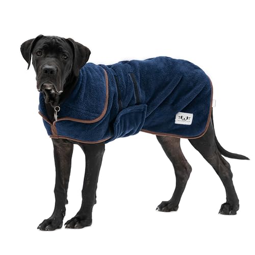 The Wagging Tailor Hunde-Trockenmantel XL von ®, weicher Mikrofasermantel für große Hunde, verstellbare Hundepullover in großer Größe mit Klettverschluss am Kragen und unter dem Bauch, Trockenmantel von The Wagging Tailor