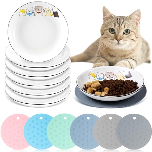 6 Stück Schnurrhaare Müdigkeit Katzennapf mit 6 Stück Silikon Anti-Rutsch-Matte Keramik Katze Fressteller Katze Nassfutter Schüssel Flach Katzenfutter Schale für Fütterung Kätzchen Kleine Haustiere von Thenshop