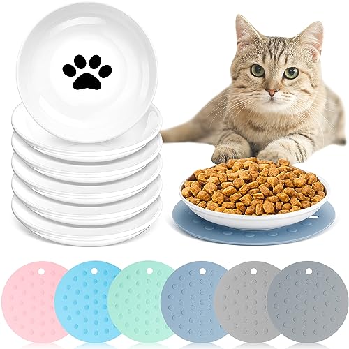 6 Stück Schnurrhaare Müdigkeit Katzennapf mit 6 Stück Silikon Anti-Rutsch-Matte Keramik Katze Fressteller Katze Nassfutter Schüssel Flach Katzenfutter Schüssel für Fütterung Kätzchen Kleine Haustiere von Thenshop