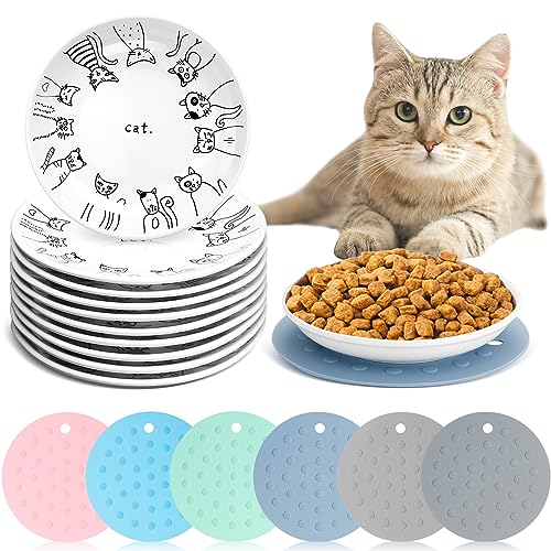 6 Stück Schnurrhaar, Müdigkeit, Katzennapf mit 6 Stück Silikon-Anti-Rutsch-Matte, Keramik-Katzen-Fressplatte, Katzennassfutter, flacher Katzenfutter-Schüssel zum Füttern von Kätzchen, kleinen von Thenshop