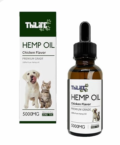 THILIFE | Hanfsamenöl Geschmack Huhn| Hund - Katze | 5000 Mg| Omega 3 6 9| Vitamine A/B/D/E für Haustiere | Anti-Stress-Futterergänzung | Reduziert Angstzustände, verbessert die Gelenke von Thilife