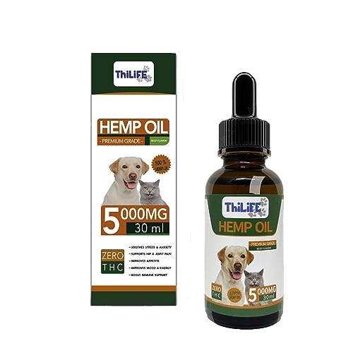 THILIFE | Hanfsamenöl Geschmack Rind | Hund - Katze | 5000 Mg| Omega 3 6 9| Vitamine A/B/D/E für Haustiere | Anti-Stress-Nahrungsergänzung | Reduziert Angstzustände, verbessert die Gelenke von Thilife