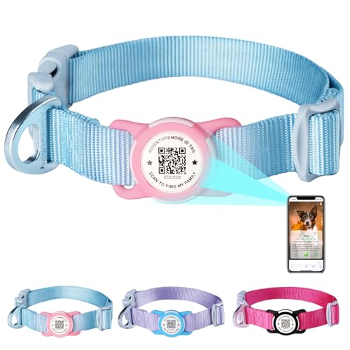 ThinkPet Nylon Hundehalsband mit wasserdichtem AirTag-Halter und QR-Code zur sicheren Aufbewahrung von Haustier-Hellblau-Medium(Halsumfang:33-51cm) von ThinkPet