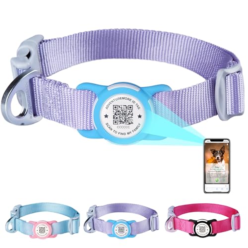 ThinkPet Nylon Hundehalsband mit wasserdichtem AirTag-Halter und QR-Code zur sicheren Aufbewahrung von Haustier-Violett-Medium(Halsumfang:33-51cm) von ThinkPet