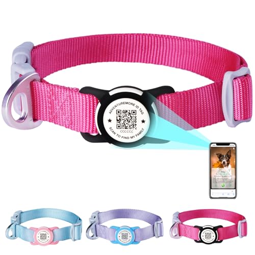 ThinkPet Nylon Hundehalsband mit wasserdichtem AirTag-Halter und QR-Code zur sicheren Aufbewahrung von Haustier-Rosarote-Groß (Halsumfang: 40-61cm) von ThinkPet