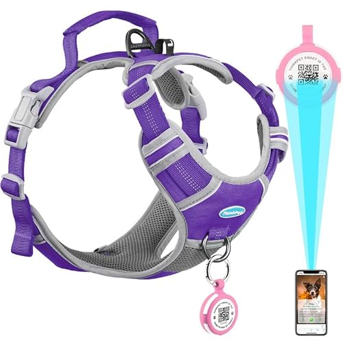 ThinkPet No Pull Harness for Large Dogs with Airtags Holder Reflective Dog Harnesses with Dog QR Code ID Tag Airtags Holder Harness for Small Medium Dogs Back/Front Clip for Easy Control Purple S von ThinkPet