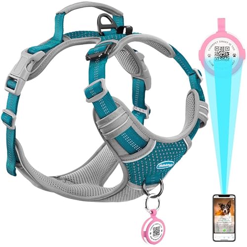 ThinkPet No Pull Harness for Large Dogs with Airtags Holder Reflective Dog Harnesses with Dog QR Code ID Tag Airtags Holder Harness for Small Medium Dogs Back/Front Clip for Easy Control Star Teal L von ThinkPet
