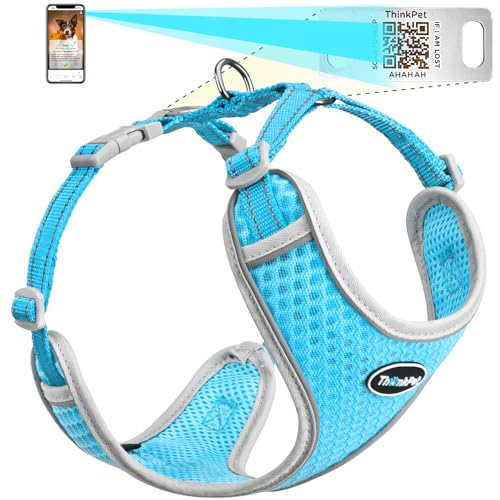 ThinkPet Reflektierendes Atmungsaktives Soft Air Mesh mit QR Code Hundemarke Welpe Choke Free Over Head Vest Harness für Welpen Small Medium Hunde und Katzen Groß Hellblau von ThinkPet