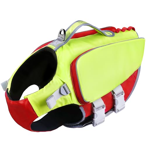 ThinkPet Rettungsweste Hundegeschirr Rettungsweste für kleine mittelgroße Hunde Reflektierende Weste Jacke für hohen Auftrieb Einstellbare Schwimmweste mit Rettungsgriff Groß Grün Rot von ThinkPet