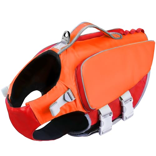 ThinkPet Rettungsweste Hundegeschirr Rettungsweste für kleine mittelgroße Hunde Reflektierende Weste Jacke für hohen Auftrieb Einstellbare Schwimmweste mit Rettungsgriff Mittel Orange Rot von ThinkPet