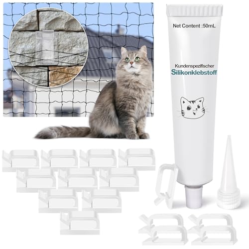 ThomP Klebehaken und Silikonkleber 50 Stück Set zur Befestigung vom katzennetz für Balkon ohne Bohren,Transparent Haken Montagekleber Extra Stark 50 ml wetterfest Outdoor für Balkon,Fenster,Wand von ThomP