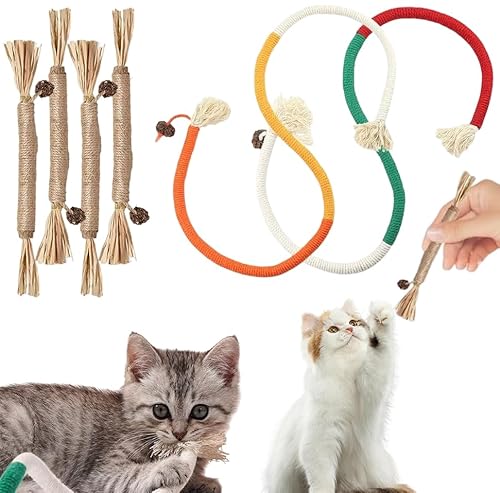 Thoquene 6 Stück Katzenminze Spielzeug Katzen Selbstbeschäftigung, 5 Matatabi Stick Katze mit 2 Beißseilen, Kauspielzeug von Thoquene