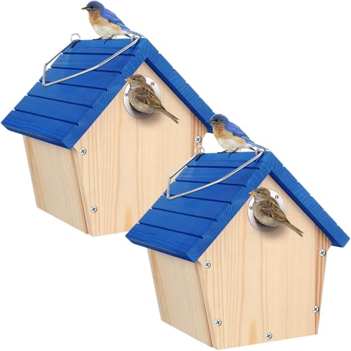 Threehoney 2 Set Holz Vogelhaus Kit Zaunkönig Outdoor Hängend Blau Vogelhaus mit Raubfischschutz Garten Hütte Vogelhaus Terrasse Nistkasten für Wildvogelbeobachtung Outdoor Terrasse Garten Deko von Threehoney