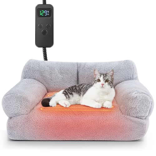 Thyle Beheiztes Katzen-Couchbett für Indoor-Katzen, 66 x 48 x 30 cm, waschbar, beheiztes Haustier-Sofabett mit Timer und Temperatur, verstellbar, flauschiges Haustier-Heizbett mit rutschfester von Thyle